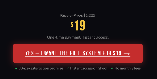 “Post. Promote. Profit. $19 special offer with $1,225 total value, saving $1,206 on the 9-module online marketing system”